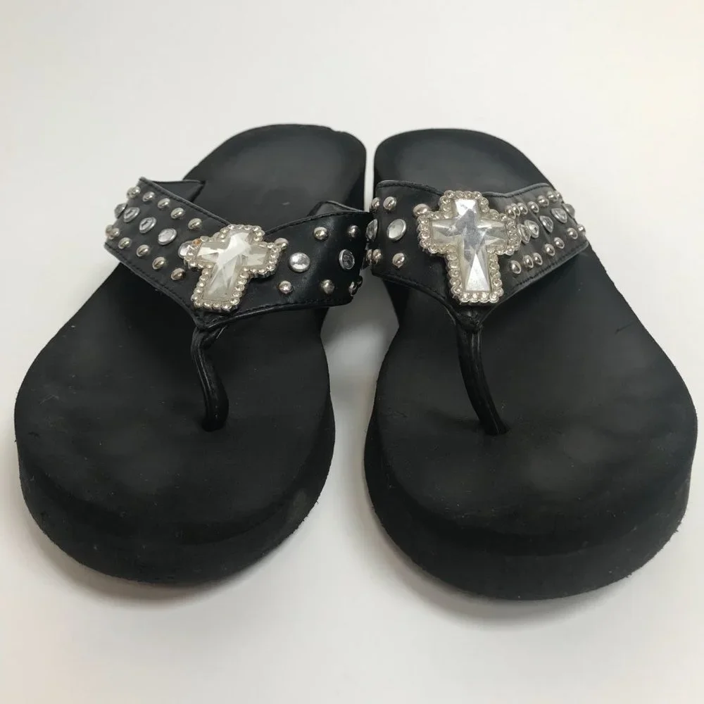 Vintage Y2K Black Biker Embellished Grunge Chunky Platform Flip Flops / Size: 7 - Picture 4 of 7